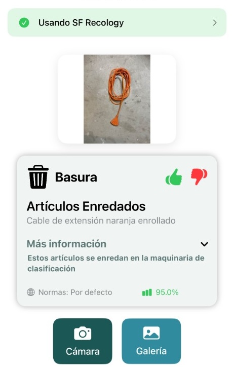 EarthSort results screen in Spanish